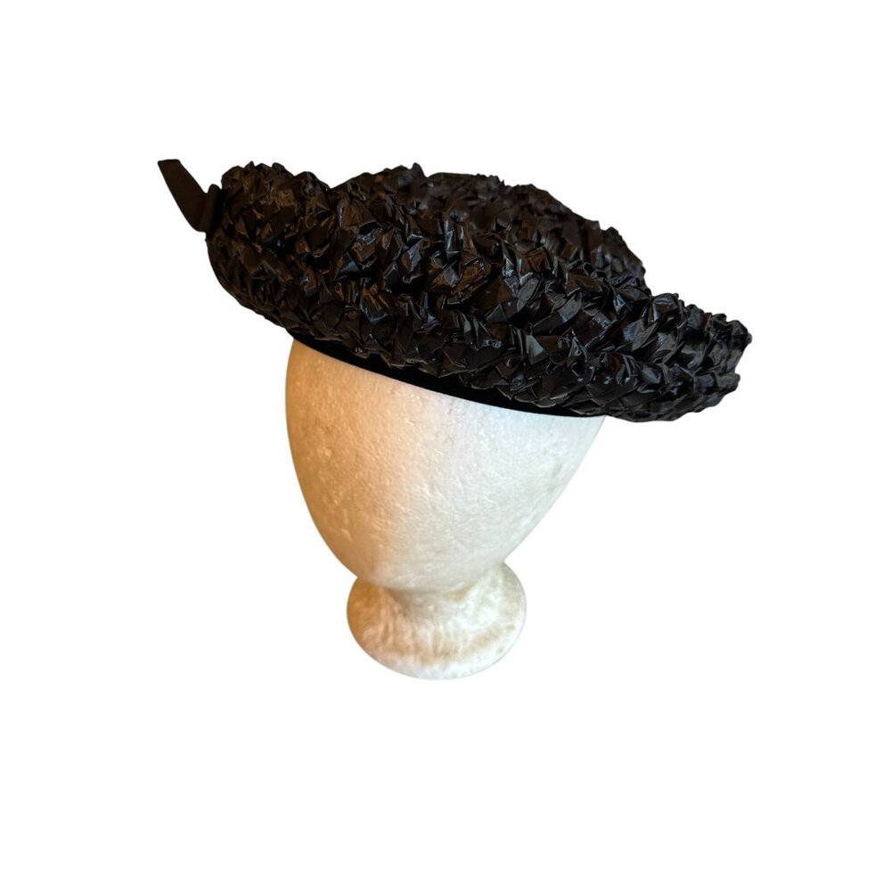 Vintage 60's Retro‎ Black Woven Straw Hat Bow Detail Original Box